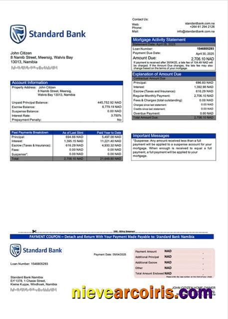 Namibia Standard Bank Namibia mortgage statement Word and PDF template